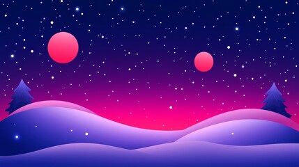 Naklejka premium Stylized winter night scene with pink celestial bodies and snow-covered hills