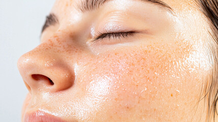 Radiant skin glowing after using facial treatment, showcasing smooth texture and natural beauty. close up highlights healthy skin with fresh appearance