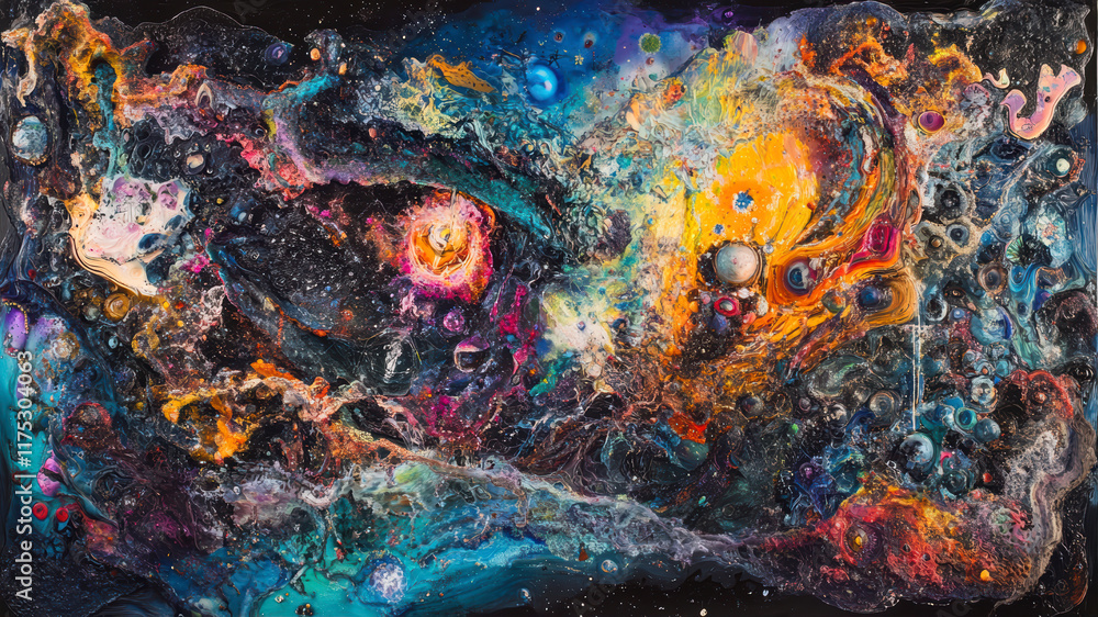 Poster catastrophic collision of dimensions unleashing vivid colors and swirling forms in an ethereal cosmi