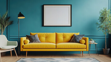 Modern Scandinavian Living Room with Yellow Sofa and Teal Wall