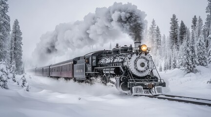 Obraz premium A vintage steam train with black and silver coloring is chugging through the snow-covered landscape, creating smoke clouds in front of it. The background features a dark blue sky at sunset