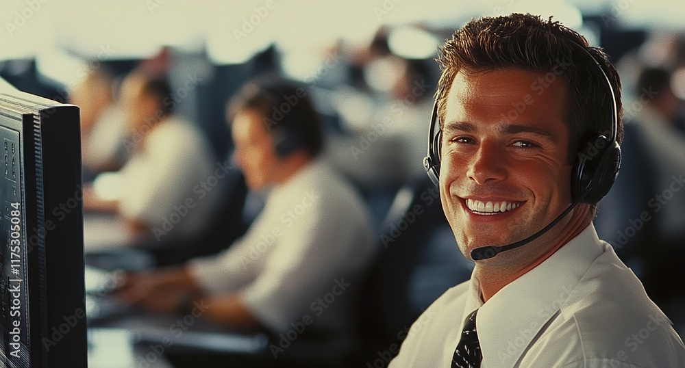 Poster smiling call center agent in a busy office environment