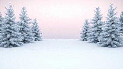Fototapeta premium A serene winter landscape with snow-covered ground and frosted evergreen trees under a pastel sky.