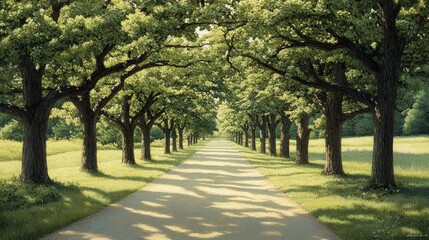 Fototapeta premium Sun-dappled path winding through a verdant, tree-lined avenue