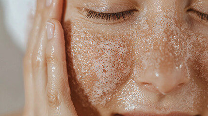 Gentle exfoliation on skin with bubbles, showcasing close up of woman face. soothing process highlights skincare and self care routines, promoting healthy skin