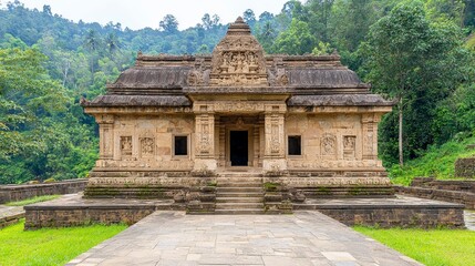 Obraz premium Ancient Stone Temple Surrounded by Lush Greenery in Tropical Landscape with Intricate Carvings