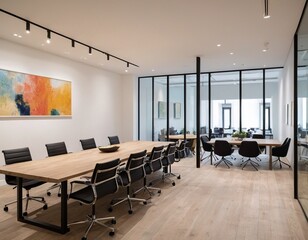 A modern office space with a panoramic view of a city skyline, with wooden conference  tables and chairs. Interior of modern meeting room.
