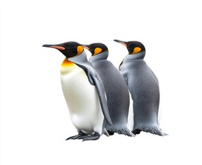Fototapeta premium Four emperor penguins standing alone on a white surface, presented in PNG format with a transparent background