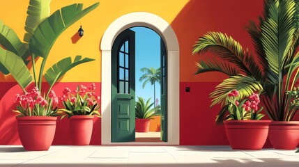 Sunlit Archway Entrance to a Vibrant Tropical Courtyard with Lush Greenery