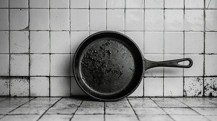 Greasy cast iron skillet on kitchen counter against tiled wall.