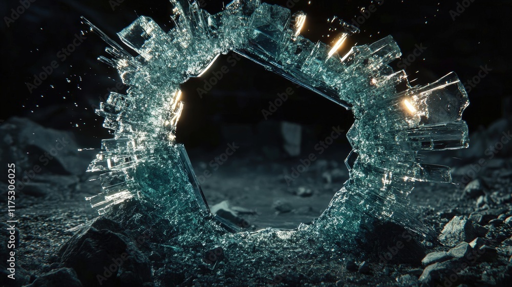Poster broken glass fragmented ring on dark background with sparkling highlights and sharp edges