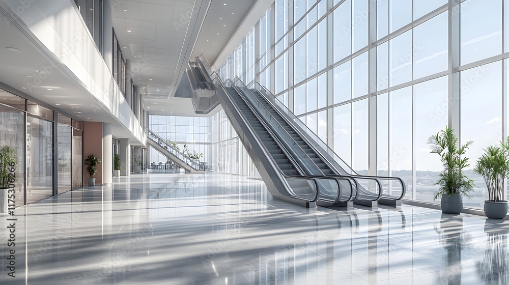 Poster modern building interior with escalators and large windows