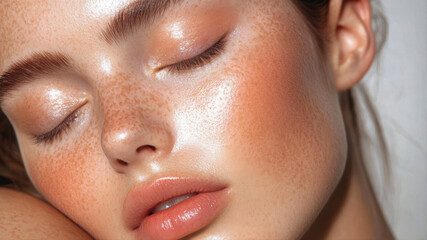 Close-up Portrait Capturing Serene Beauty in Soft Lighting With Stunning Freckles and Natural Glow