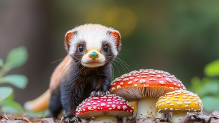 Obraz premium A ferret poses playfully among colorful mushrooms in a vibrant forest setting.