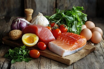 Raw Seafood And Vegetables Arranged On Wooden Board