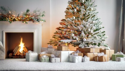 Gifts under Christmas tree by fireplace. White minimalistic scandi style New Year interior. Stack of presents in snow on floor. Blurred living room background with copy space.