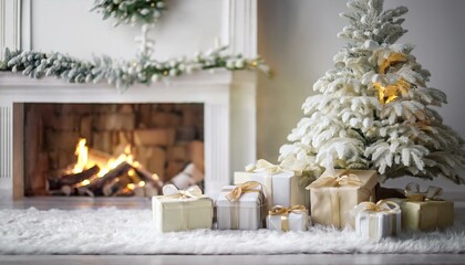 Gifts under Christmas tree by fireplace. White minimalistic scandi style New Year interior. Stack of presents in snow on floor. Blurred living room background with copy space.