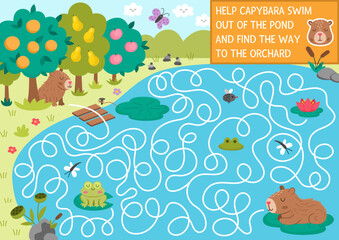 Fun maze for kids with capybara swimming out from pond to fruit garden. Capibara preschool printable activity with cute animal. Labyrinth game or puzzle with nature landscape, lake, orchard, frog