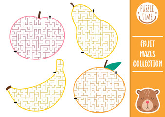Fruit geometrical maze set for kids. Preschool printable activity shaped as apple, pear, tangerine, banana. Capybara food labyrinth game or puzzle collection for children