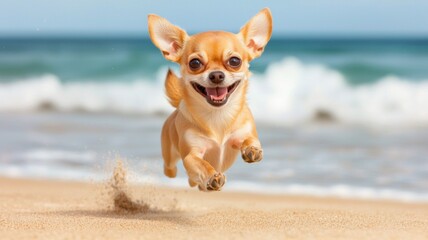 A joyful Chihuahua runs on the beach, capturing the essence of fun and playfulness by the waves.