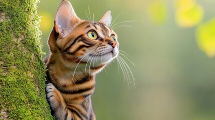 Bengal cat perched on a tree, gazing upwards in a serene outdoor setting.