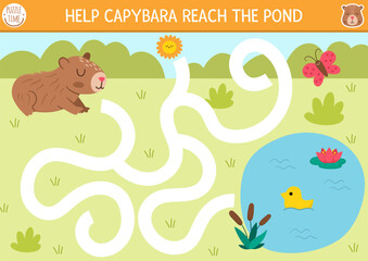 Fun simple maze for kids with capybara going to pond through summer meadow. Capibara preschool printable activity with cute animal. Labyrinth game or puzzle with nature landscape, lake