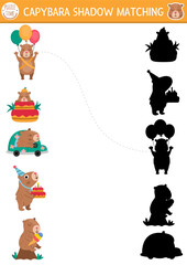 Capibara shadow matching activity. Capybara shape recognition puzzle. Find correct silhouette printable worksheet or game. Match up page for kids with cute animals