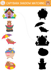 Capibara shadow matching activity. Capybara shape recognition puzzle. Find correct silhouette printable worksheet or game. Match up page for kids with cute animals doing relaxing activities