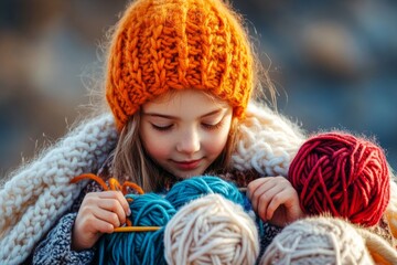 A child knitting a small project for the first time, with vibrant yarn, focused expression, gentle guidance, and an inspiring environment