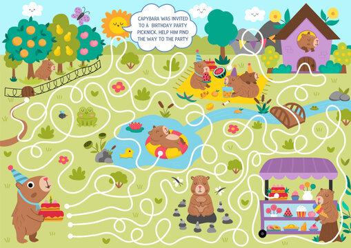 Fun maze for kids with capybara in cone hat going to birthday party picknick with cake. Capibara preschool printable activity with cute animal. Labyrinth game, puzzle with nature landscape