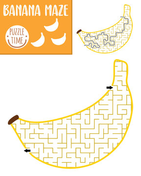 Naklejki Fruit geometrical maze for kids. Preschool printable activity shaped as banana. Capybara food labyrinth game or puzzle for children