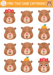 Find two same capybara faces. Matching activity for children with capibara heads. Educational quiz worksheet for kids for attention skills. Simple printable game with cute brown animals
