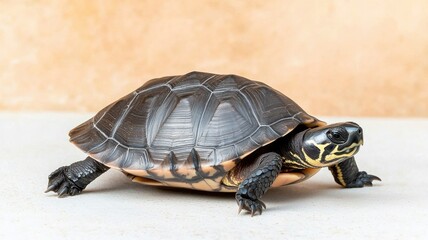 A close-up of a turtle with a black shell and yellow markings on a neutral background.