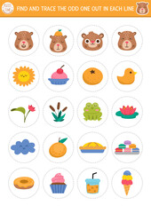 Fototapeta premium Find the odd one out. Capybara logical activity for kids. Capibara educational quiz worksheet for attention skills. Printable game with cute animals, flowers, fruits, insects, food, tangerine
