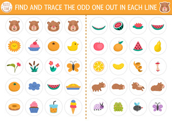 Find the odd one out. Capybara logical activity for kids. Capibara educational quiz worksheet for attention skills. Printable game with cute animals, flowers, fruits, insects, food, tangerine