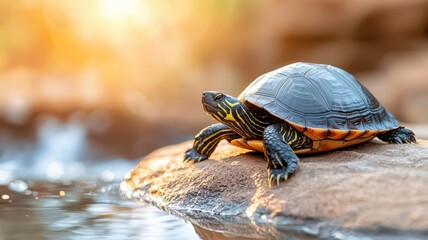 A turtle resting on a rock near water, illuminated by soft sunlight.