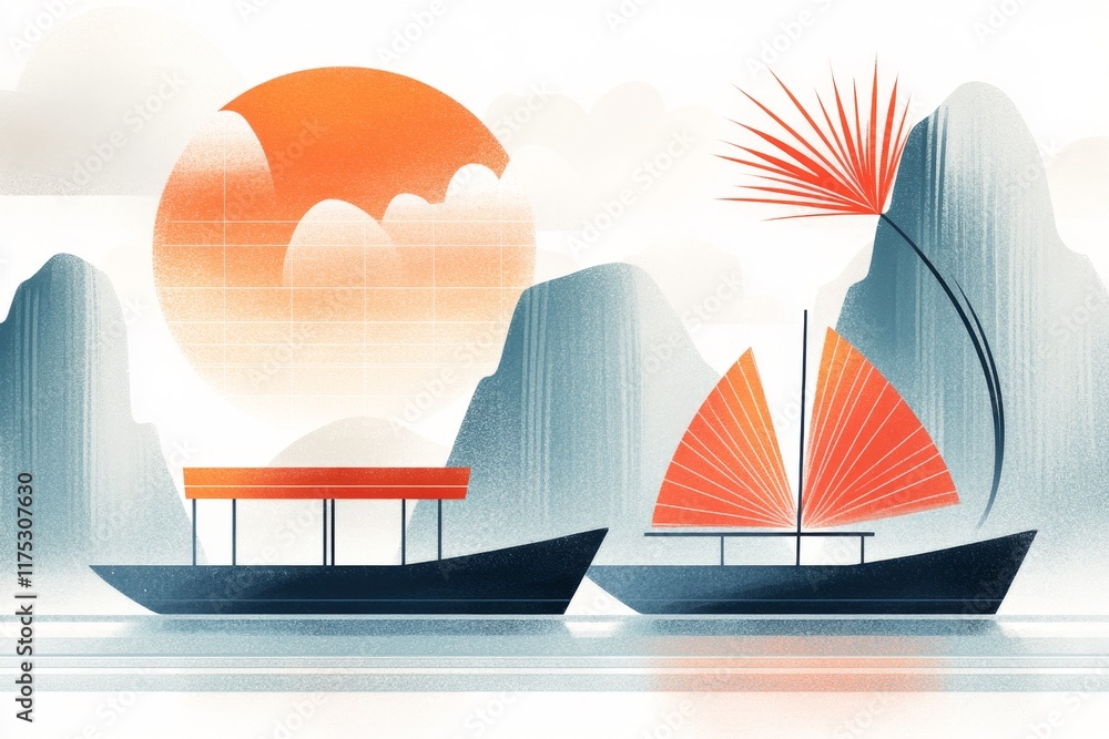Poster a clean design of krabi limestone cliffs, drawn with bold lines and a limited color palette