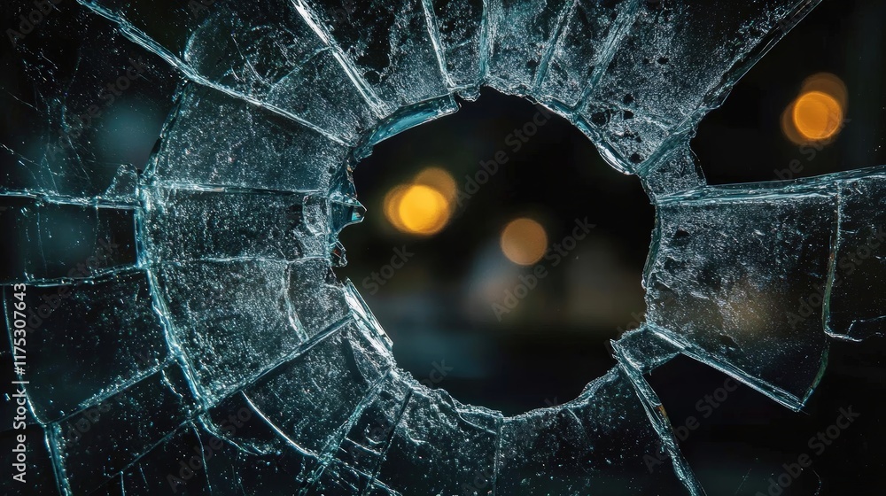 Poster broken glass fragment on dark background with abstract bokeh lights creating a unique and artistic v