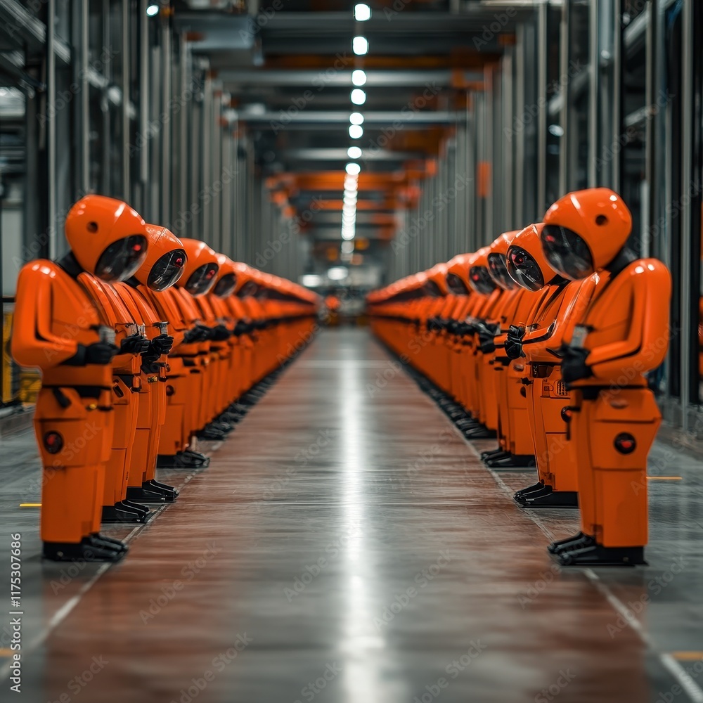 Poster a row of orange robots stands aligned in a spacious industrial environment, showcasing automation an