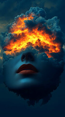 Woman's face surrounded by billowing clouds igniting with fiery light during twilight, representing the clash between imagination and reality in a dreamlike setting