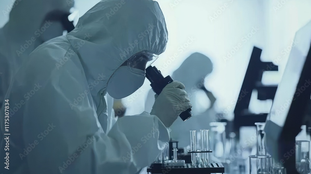 Poster scientist in protective gear using a microscope in a modern laboratory