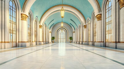 Obraz premium Elegant Interior of a Grand Hallway with Arched Windows and Sky Blue Ceiling
