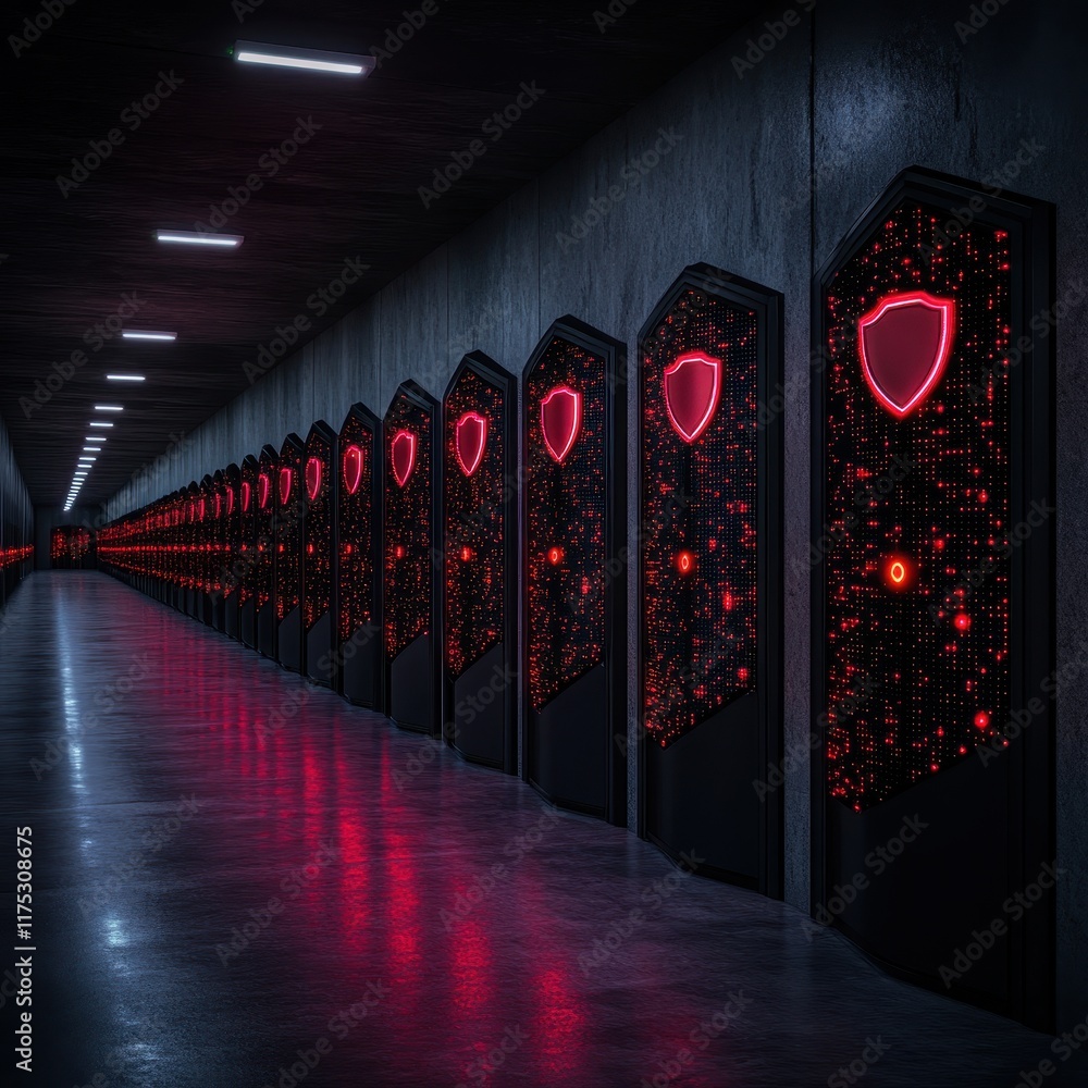 Poster a futuristic corridor lined with glowing red shields and intricate circuitry, creating a sci-fi atmo
