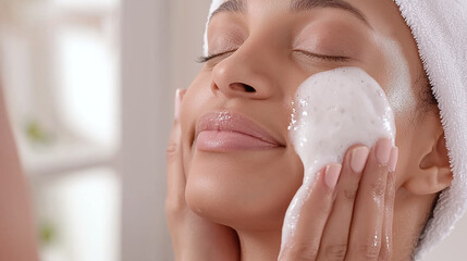 Naklejka premium woman enjoys facial cleansing treatment, showcasing smooth skin and relaxation. gentle foam enhances her skincare routine, promoting sense of well being and self care