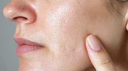 close up of illuminated skin texture, showcasing pores and natural glow. image captures beauty of healthy skin, emphasizing its unique details and smoothness