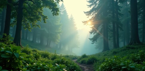 Obraz premium Misty forest landscape with a large boke in the center amidst lush greenery and tall trees , green, outdoors