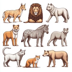 Naklejka premium Vintage wild animals including a wild gorilla, moose, or eurasian elk, camel, deer, rhinoceros, hare, wolf, bear, lion, and tiger are hand-drawn in an old sketch style, presented in a side view
