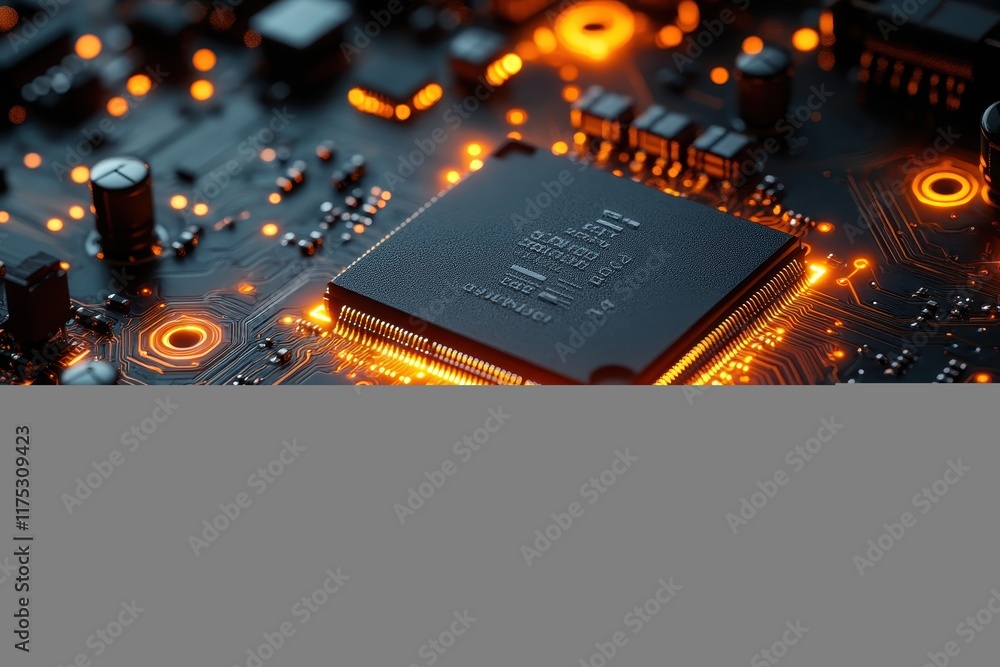 Poster close-up view of a circuit board with glowing components and a central processor in a modern technol