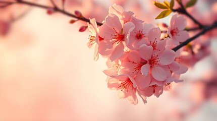 Obraz premium Cherry Blossom Artwork in Warm Golden Hour Light with Pastel Colors Creating a Gentle and Soothing Sunrise or Sunset Atmosphere