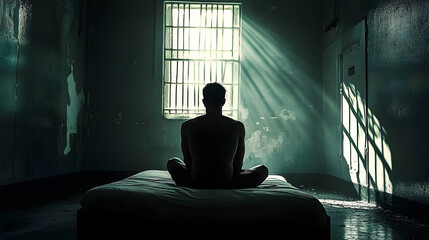 silhouette of a prisoner sitting on bed in cell room